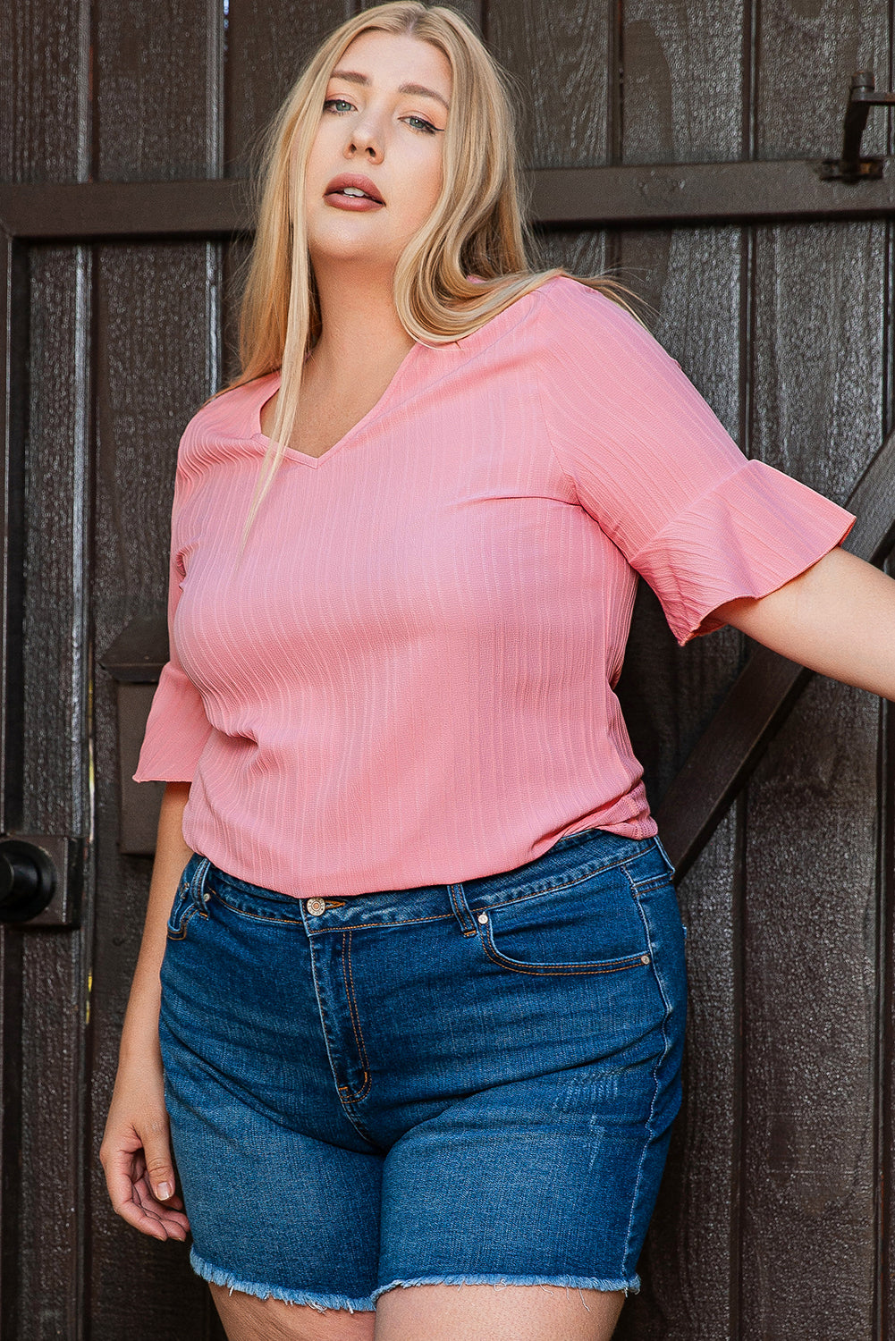 Plus Size Ruffled V Neck Textured Top