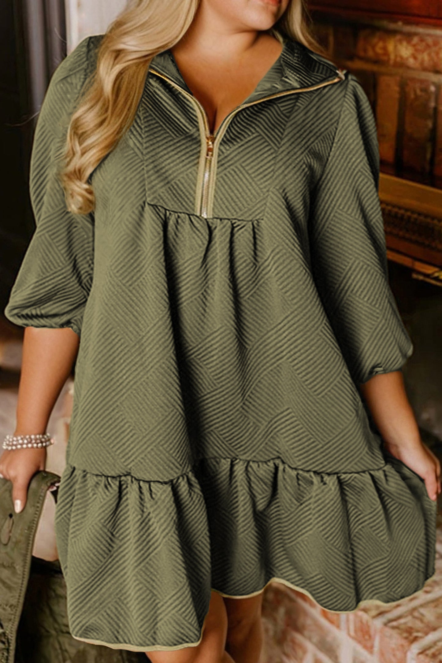 Plus Size Textured Contrast Trim Quarter Zip Mini Dress - Plus Size XL-4XL - View 1
