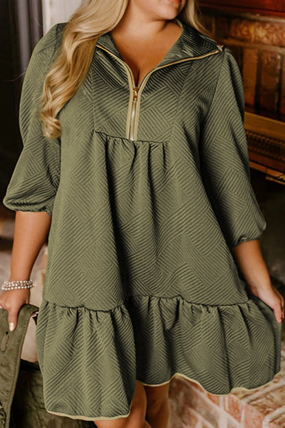 Plus Size Textured Contrast Trim Quarter Zip Mini Dress - Plus Size XL-4XL - View 1