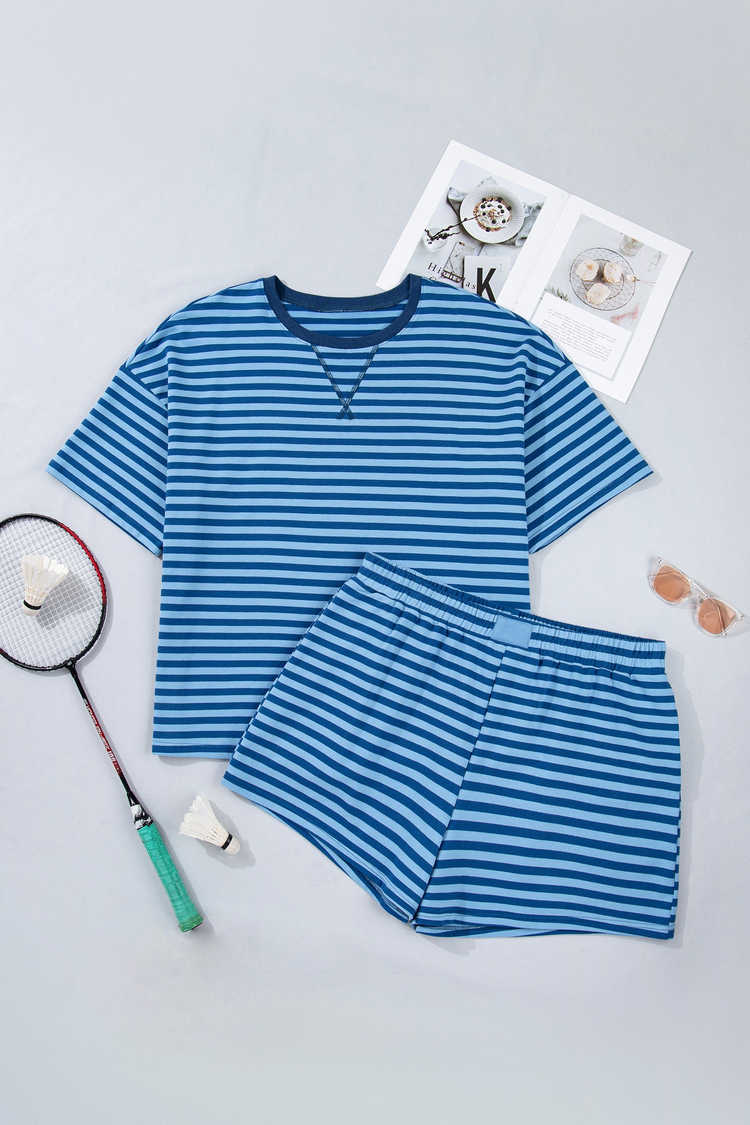 Plus Size Blue Striped Dropped Shoulder Tee and Shorts Set - Plus Size XL-4XL - View 3