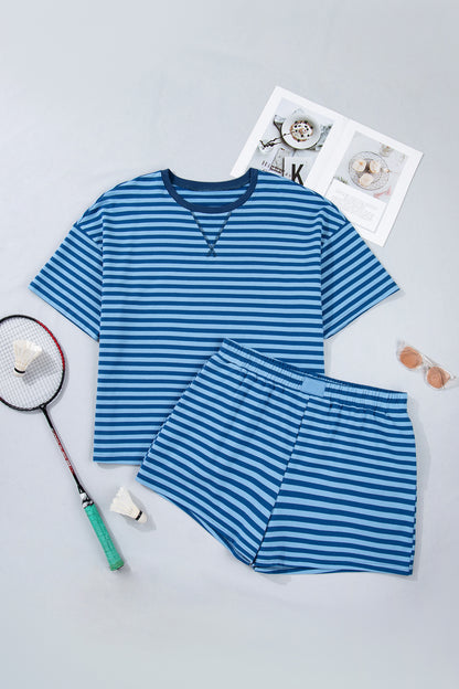 Plus Size Blue Striped Dropped Shoulder Tee and Shorts Set - Plus Size XL-4XL - View 3