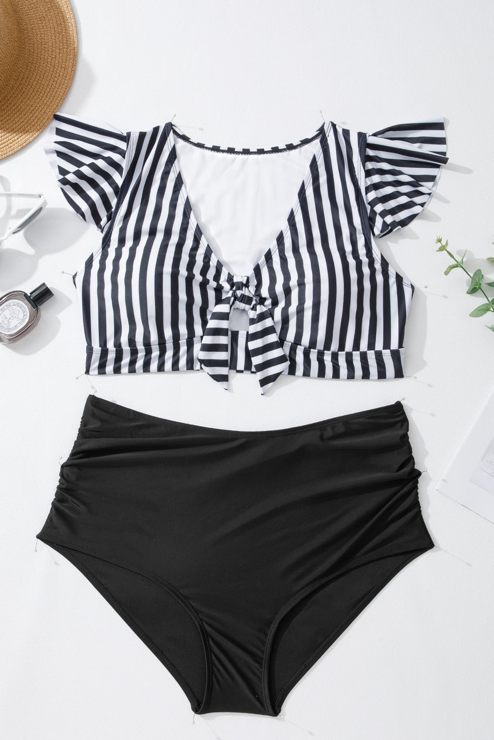 Plus Size Knot Cutout Ruffle Sleeve 2pcs Swimsuit