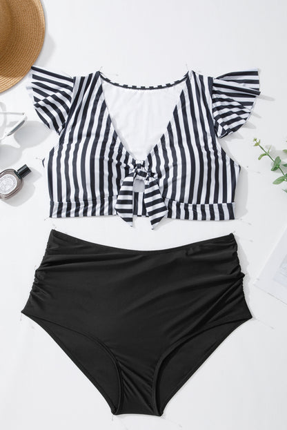 Plus Size Knot Cutout Ruffle Sleeve 2pcs Swimsuit