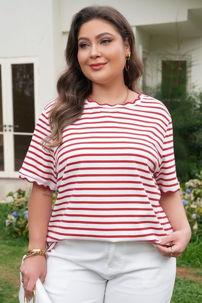 Plus Size Scalloped Trim Round Neck Short Sleeve Top - Plus Size XL-4XL - View 1