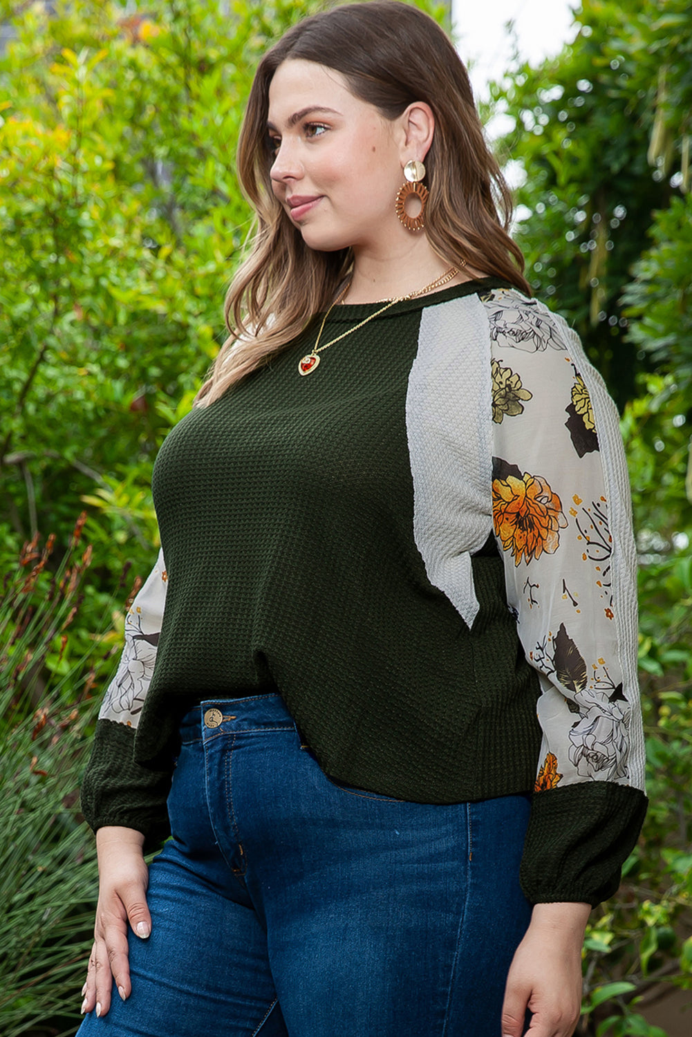 Plus Size Floral Raglan Colorblock Patchwork Knit Blouse