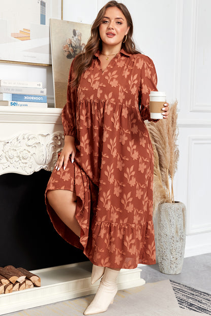 Plus Size Textured 3D Floral Ruffle Hem Long Dress - Plus Size XL-4XL - View 8
