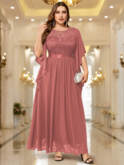 Elegant Lace-Trimmed Chiffon Maxi Dress with Butterfly Sleeves - Plus Size Clothing