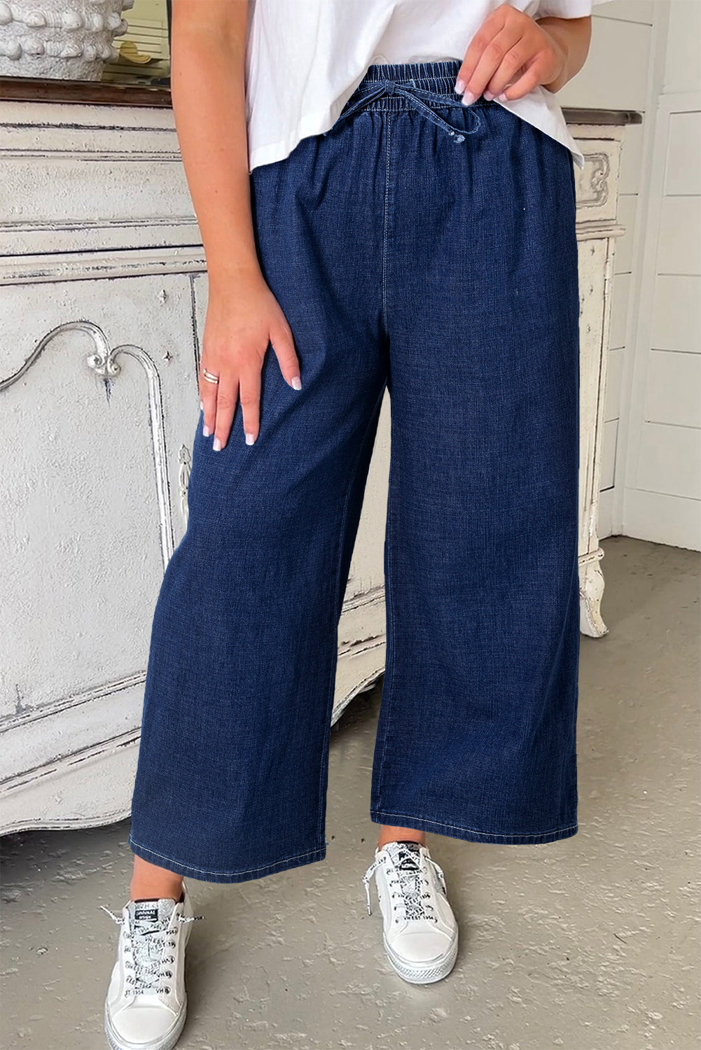 Plus Size Drawstring High Waist Wide Leg Jeans