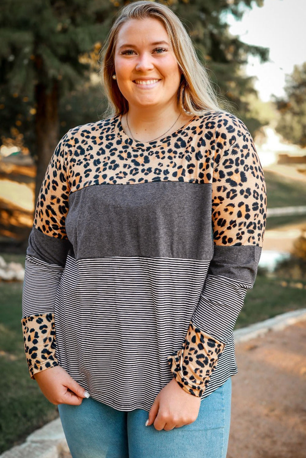 Plus Size Leopard Patchwork Long Sleeve Tee