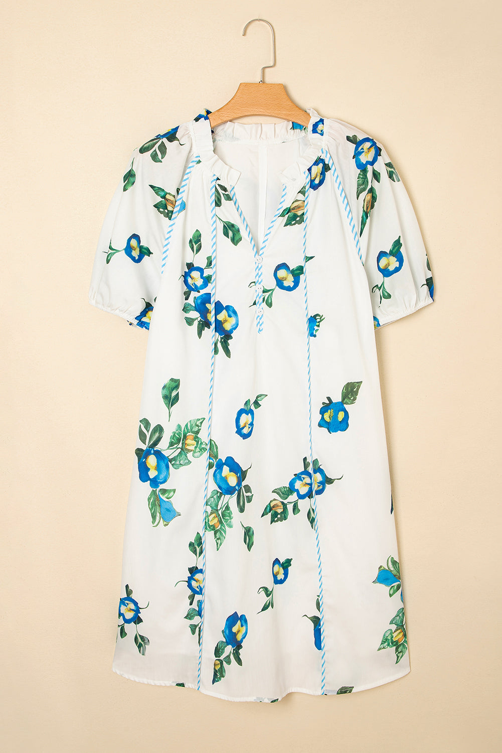 Plus Size Floral Puff Sleeve Contrast Tie V Neck Dress