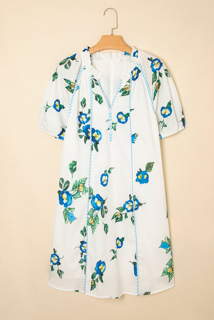 Plus Size Floral Puff Sleeve Contrast Tie V Neck Dress