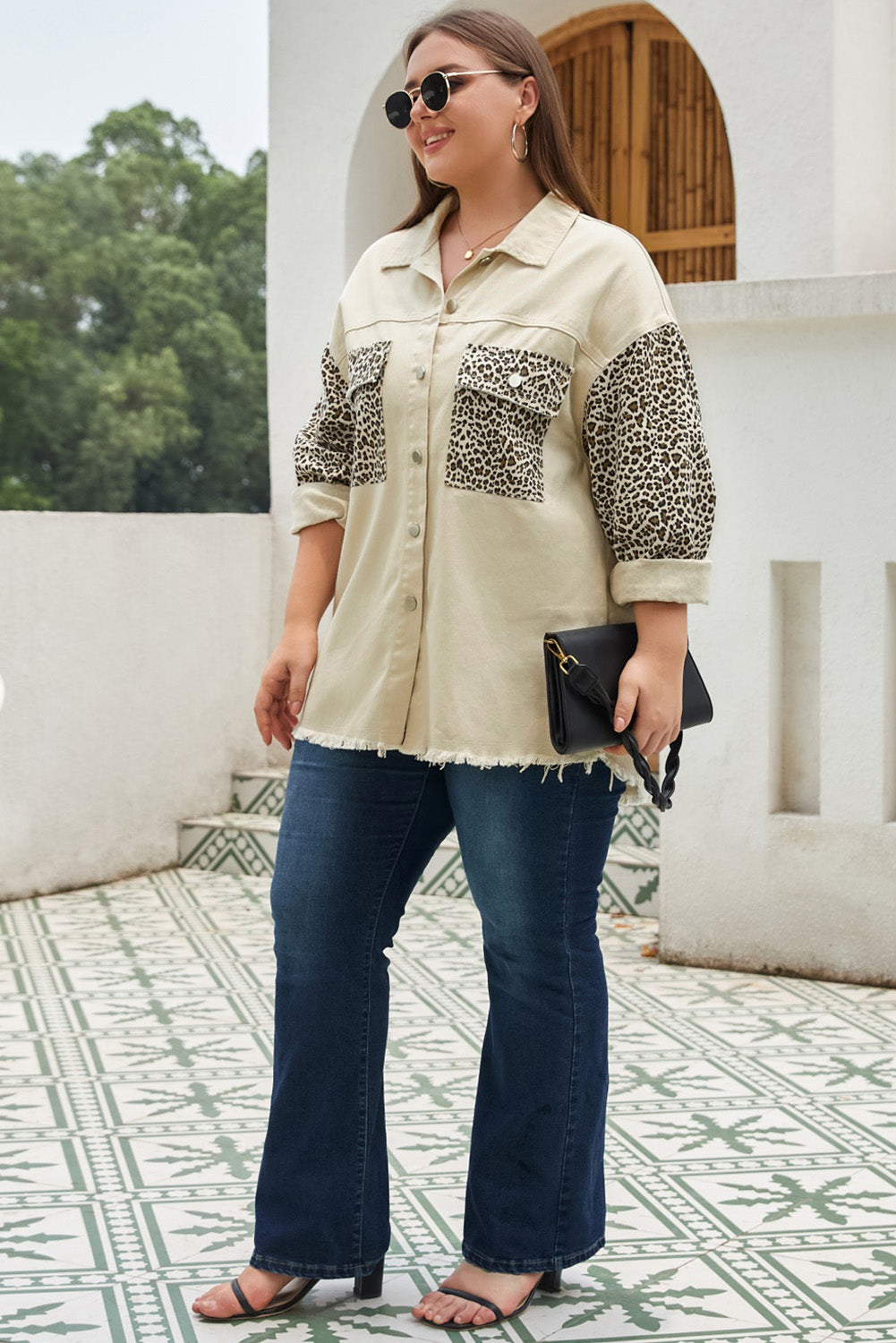 Plus Size Leopard Print Denim Jacket