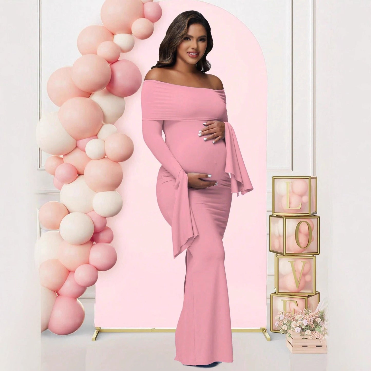 Flared Sleeve One-Shoulder Evening Dress Fitted Bodycon with Slit Maternity Dress - Plus Size Clothing