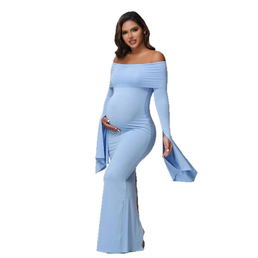 Flared Sleeve One-Shoulder Evening Dress Fitted Bodycon with Slit Maternity Dress - Plus Size Clothing