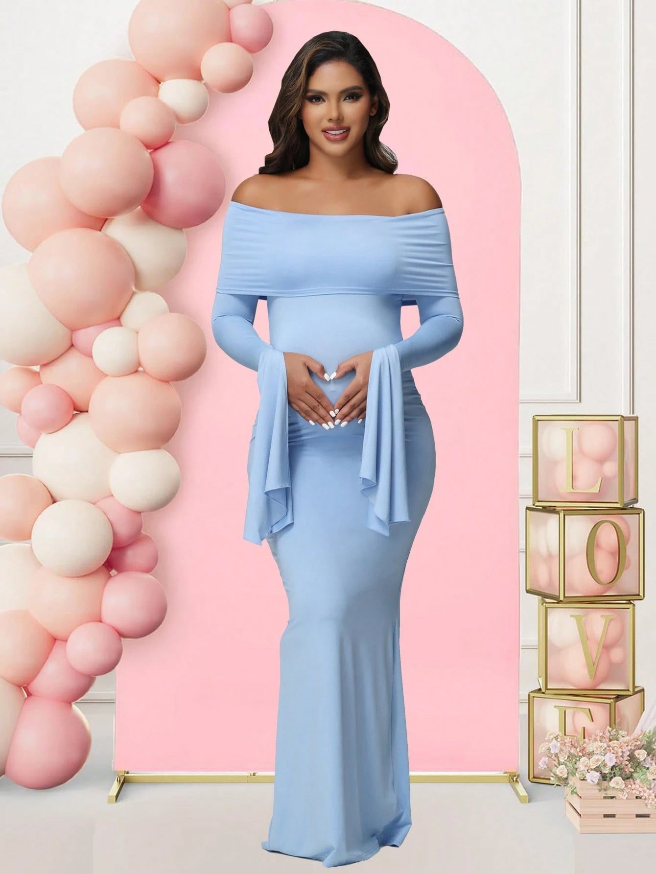 Flared Sleeve One-Shoulder Evening Dress Fitted Bodycon with Slit Maternity Dress - Plus Size Clothing