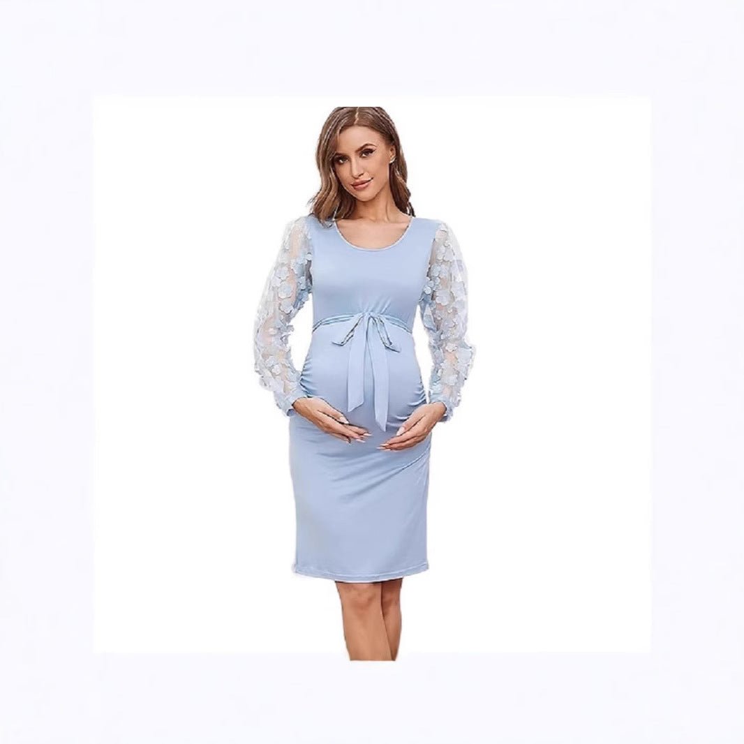 Floral Patchwork Long Sleeve Round Neck Fitted Maternity Dress - Plus Size Clothing