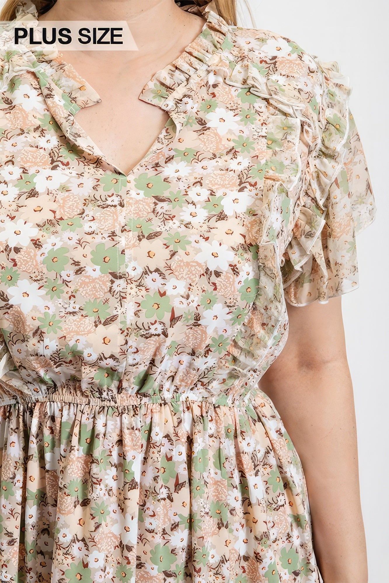 Floral Printed Ruffle Detail Dress With Elastic Waist - Plus Size Clothing