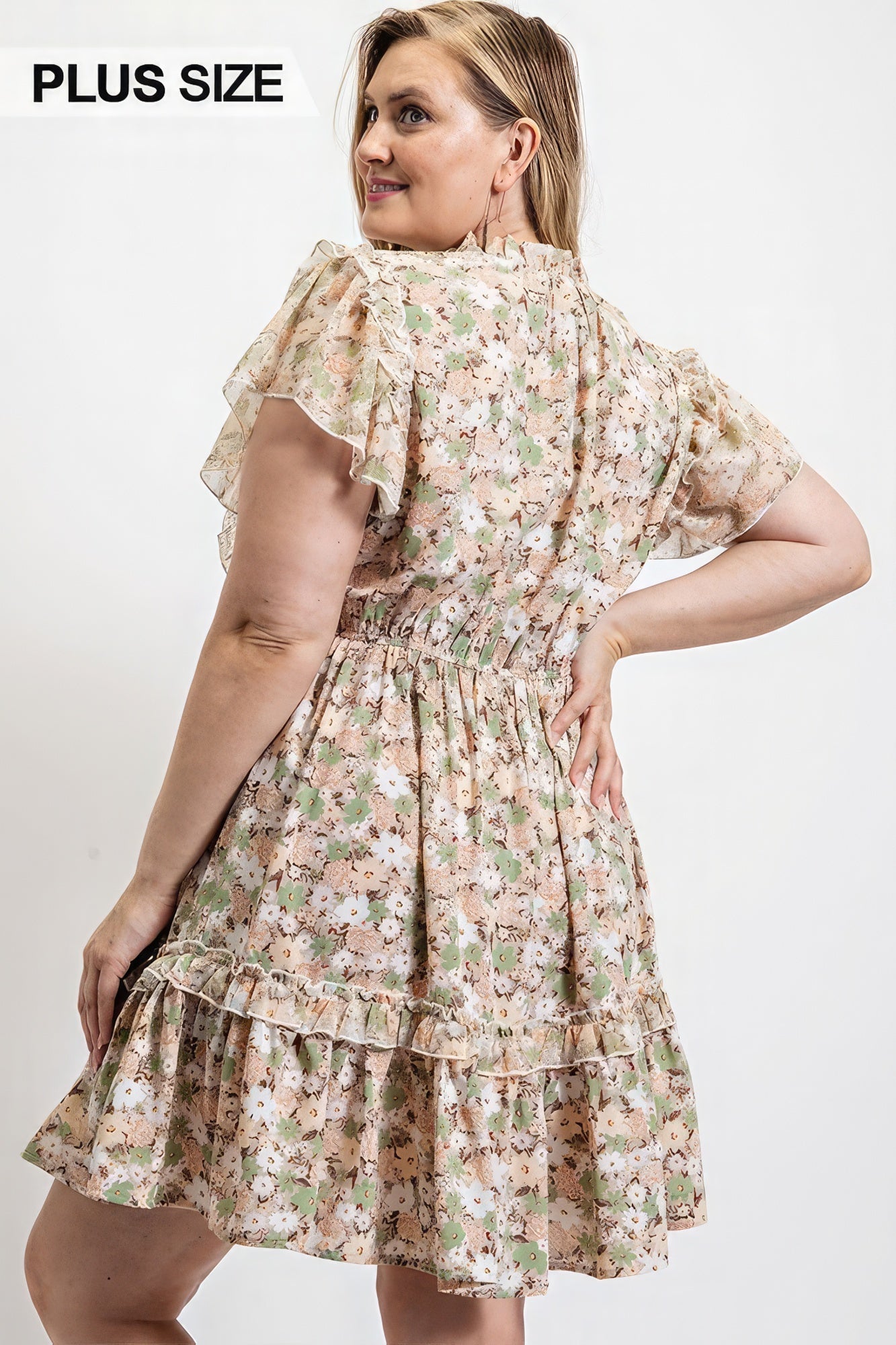 Floral Printed Ruffle Detail Dress With Elastic Waist - Plus Size Clothing