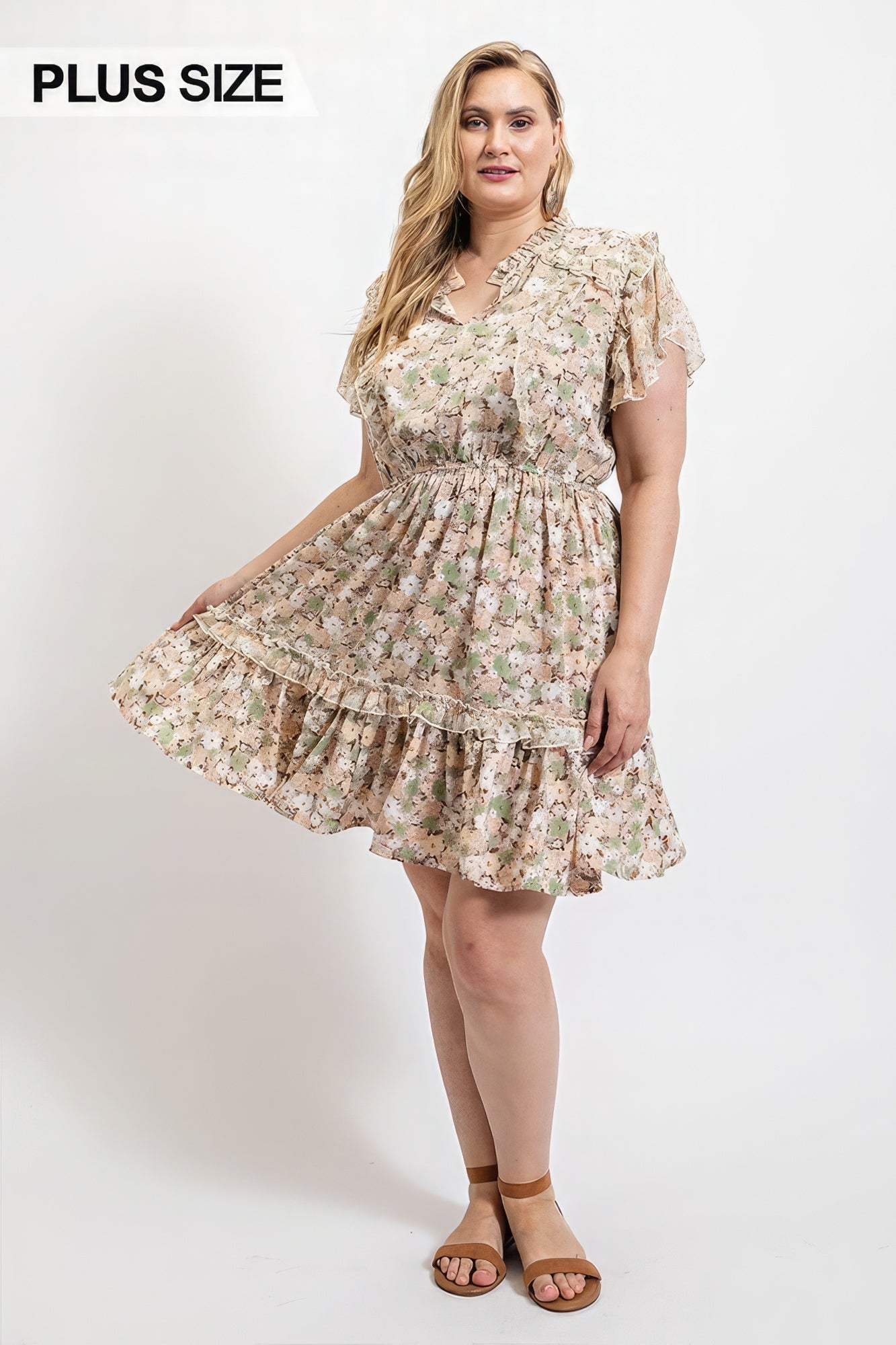 Floral Printed Ruffle Detail Dress With Elastic Waist - Plus Size Clothing