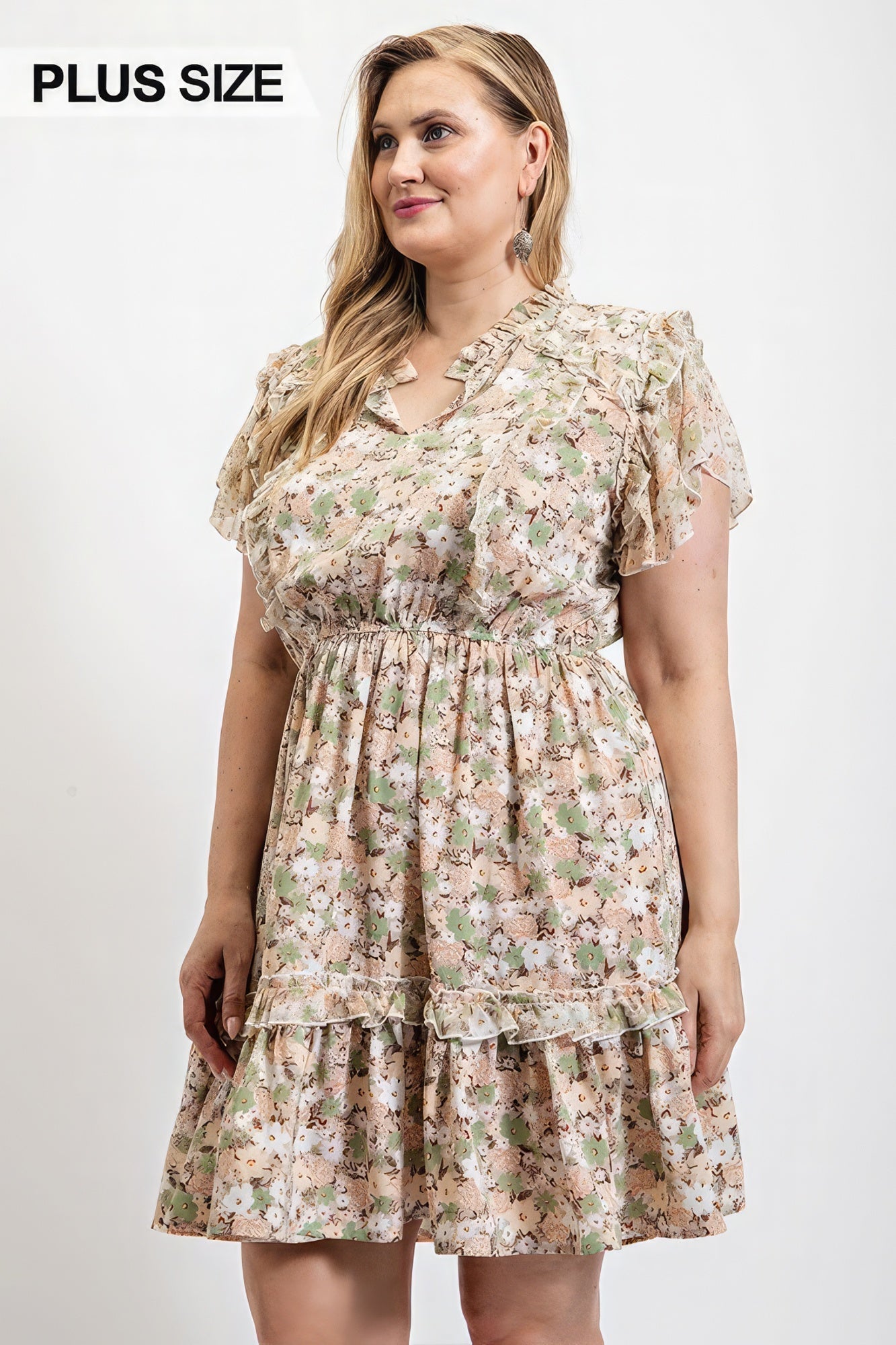Floral Printed Ruffle Detail Dress With Elastic Waist - Plus Size Clothing