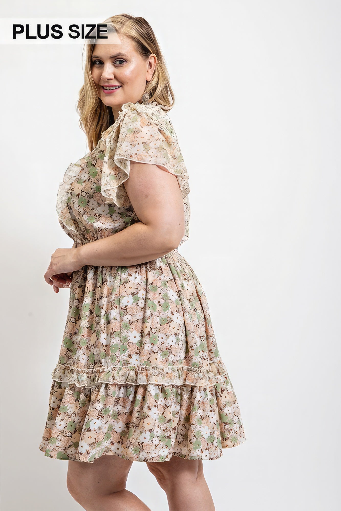 Floral Printed Ruffle Detail Dress With Elastic Waist - Plus Size Clothing
