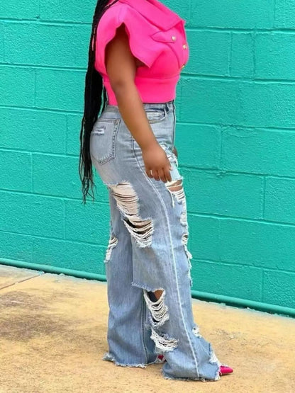 Plus Size Distressed Wide Leg Denim Jeans - Plus Size XL-4XL - View 3