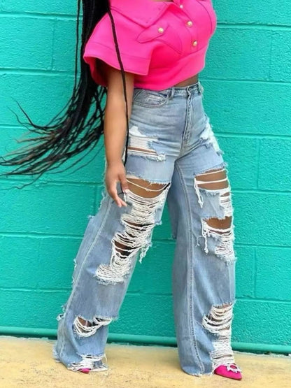 Plus Size Distressed Wide Leg Denim Jeans - Plus Size XL-4XL - View 2