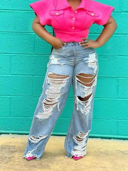Plus Size Distressed Wide Leg Denim Jeans - Plus Size XL-4XL - View 1
