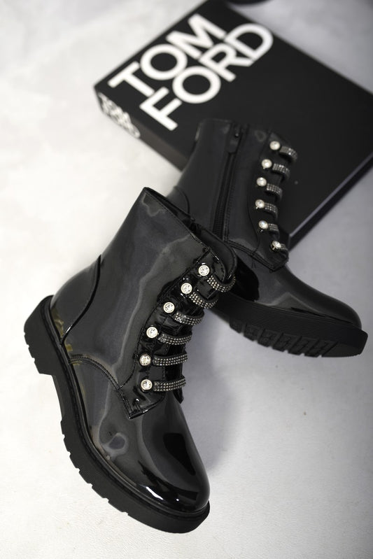 Lace Up Diamante Ankle Boots - Plus Size Clothing