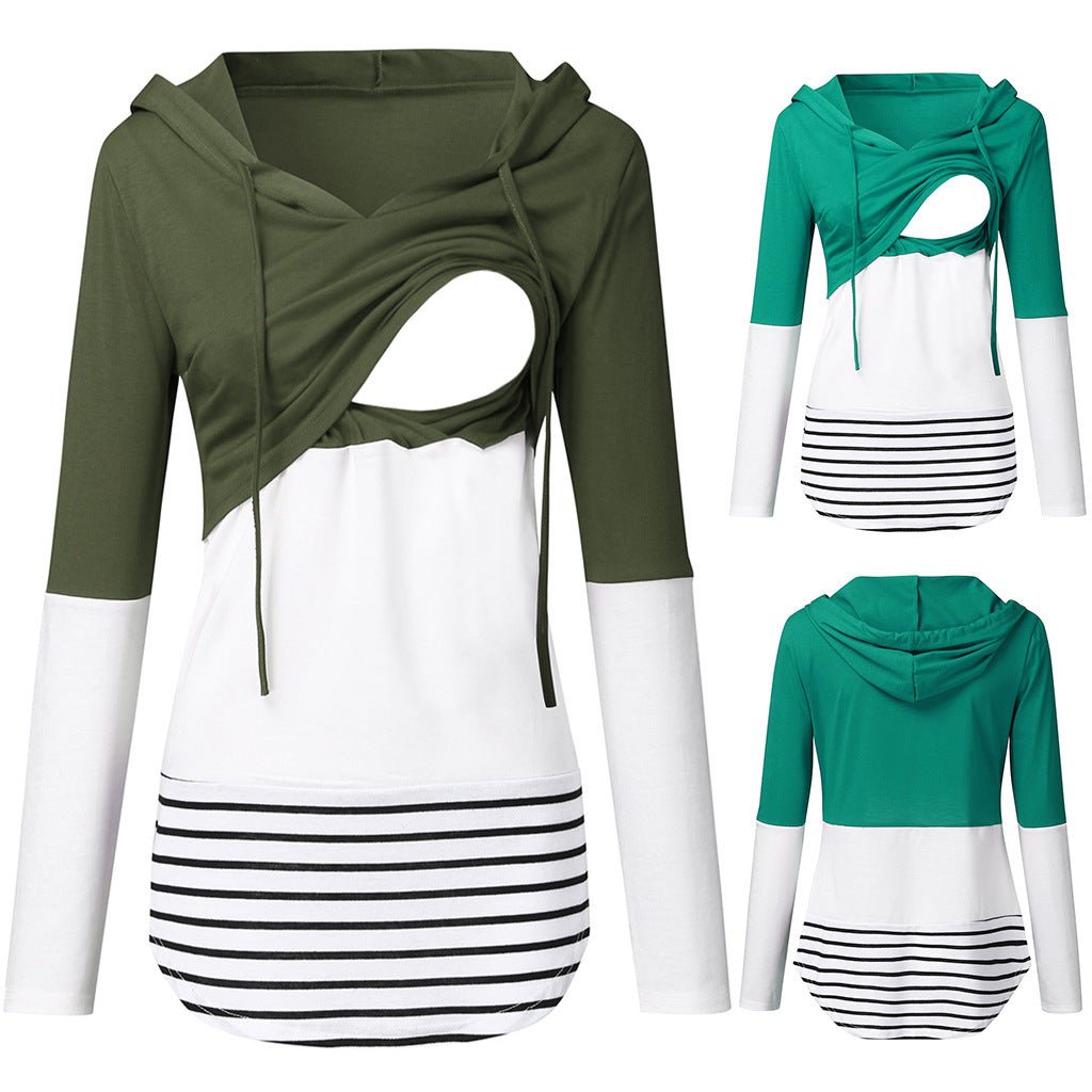 Maternity Autumn and Winter Colorblock Long Sleeve Hooded Nursing Jacket - Plus Size Clothing