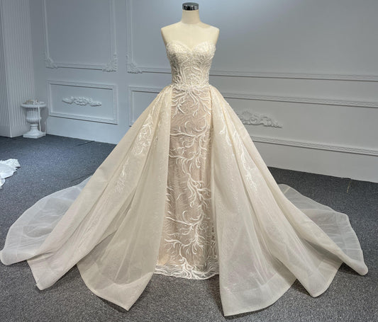 mermaid wedding dress with beading lace and a detachable train.