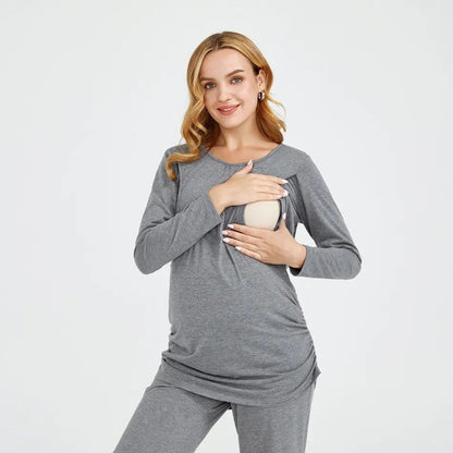 New European and American solid color round neck long sleeved pants lactating maternity suit - Plus Size Clothing