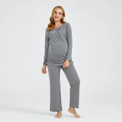 New European and American solid color round neck long sleeved pants lactating maternity suit - Plus Size Clothing