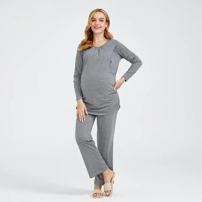 New European and American solid color round neck long sleeved pants lactating maternity suit - Plus Size Clothing