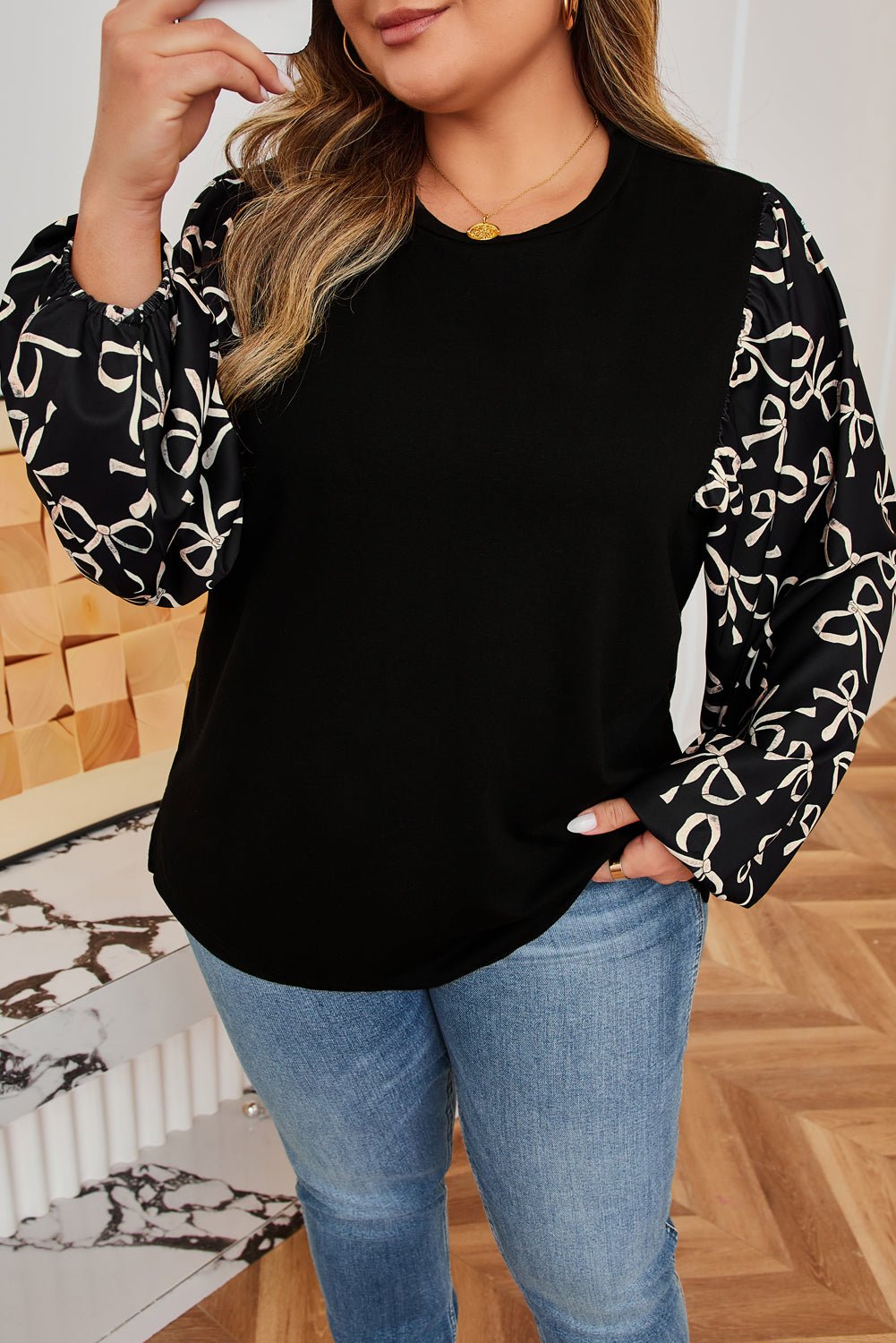 Plus Size Bow Knot Patchwork Crewneck Blouse - Plus Size Clothing