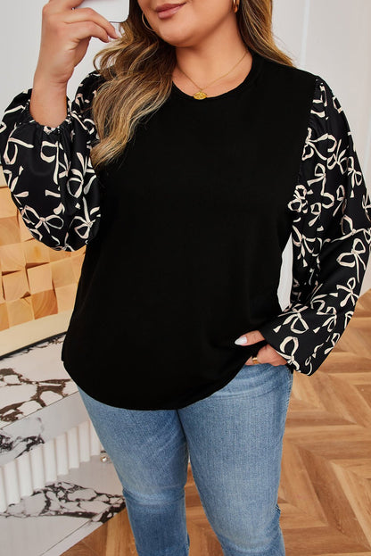 Plus Size Bow Knot Patchwork Crewneck Blouse - Plus Size Clothing
