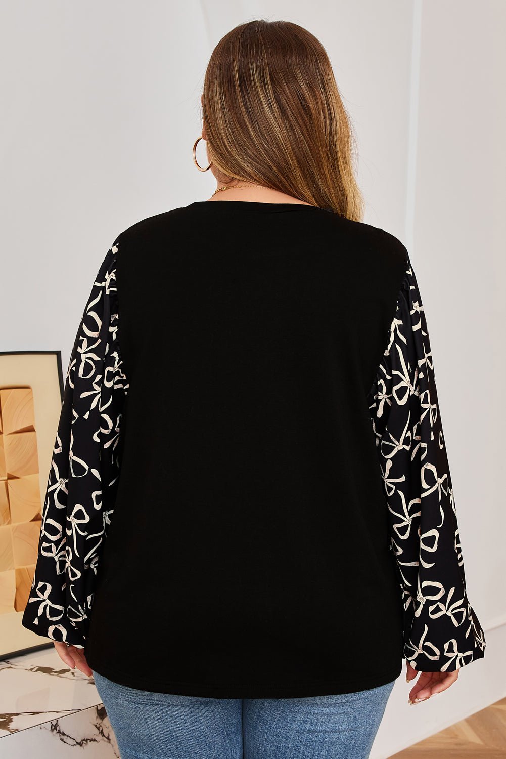 Plus Size Bow Knot Patchwork Crewneck Blouse - Plus Size Clothing