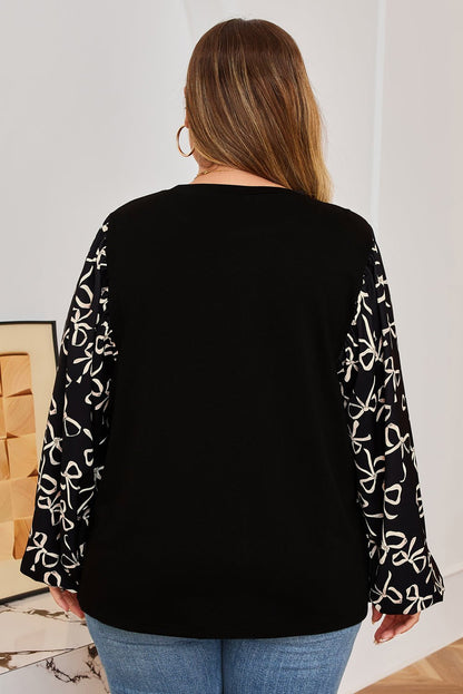 Plus Size Bow Knot Patchwork Crewneck Blouse - Plus Size Clothing