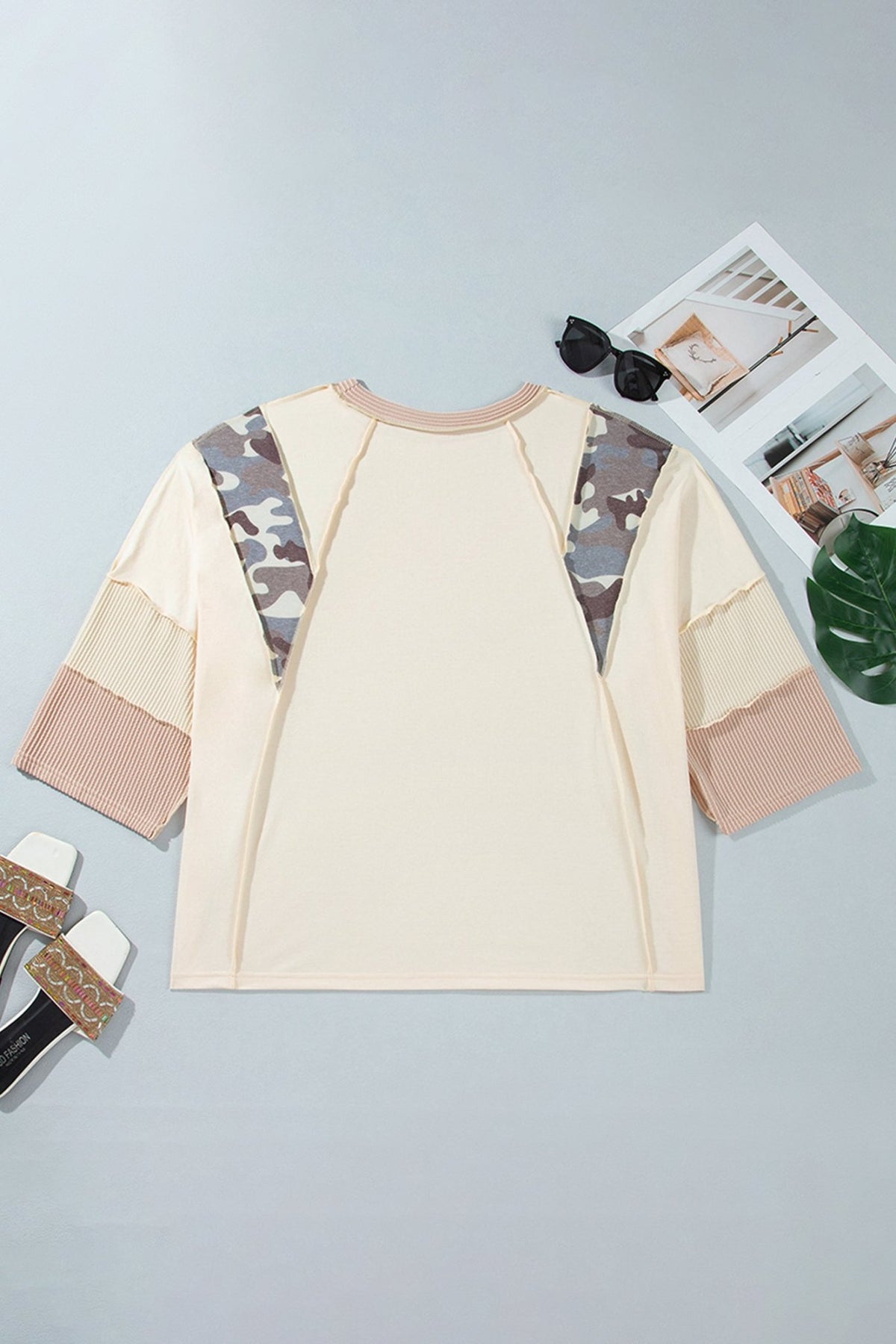 Plus Size Camo Panel Twist Rib Sleeve Blouse - Plus Size Clothing