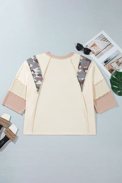 Plus Size Camo Panel Twist Rib Sleeve Blouse - Plus Size Clothing