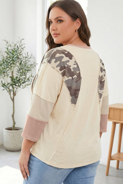 Plus Size Camo Panel Twist Rib Sleeve Blouse - Plus Size XL-4XL - View 2