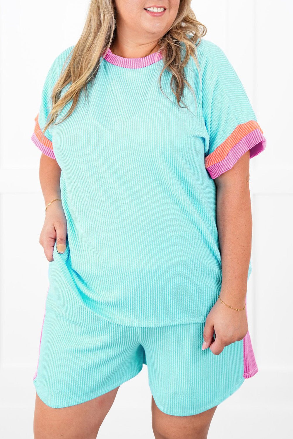 Plus Size Color Block Corded Knit Tee and Shorts Set - Plus Size Clothing