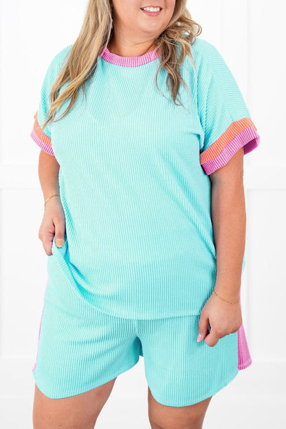 Plus Size Color Block Corded Knit Tee and Shorts Set - Plus Size Clothing