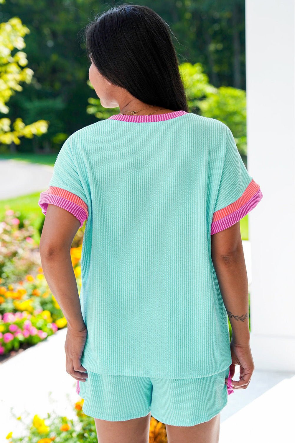 Plus Size Color Block Corded Knit Tee and Shorts Set - Plus Size Clothing