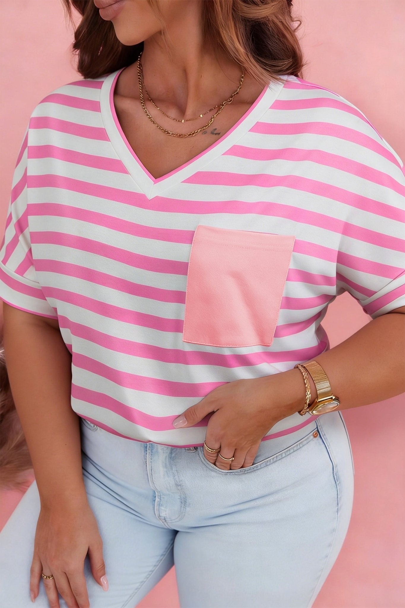 Plus Size Colorblock V-Neck Tee - Plus Size XL-4XL - View 8