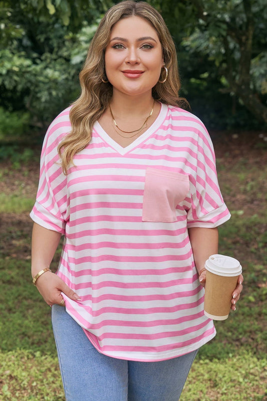 Plus Size Colorblock Patched Pocket V Neck Tee - Plus Size Clothing