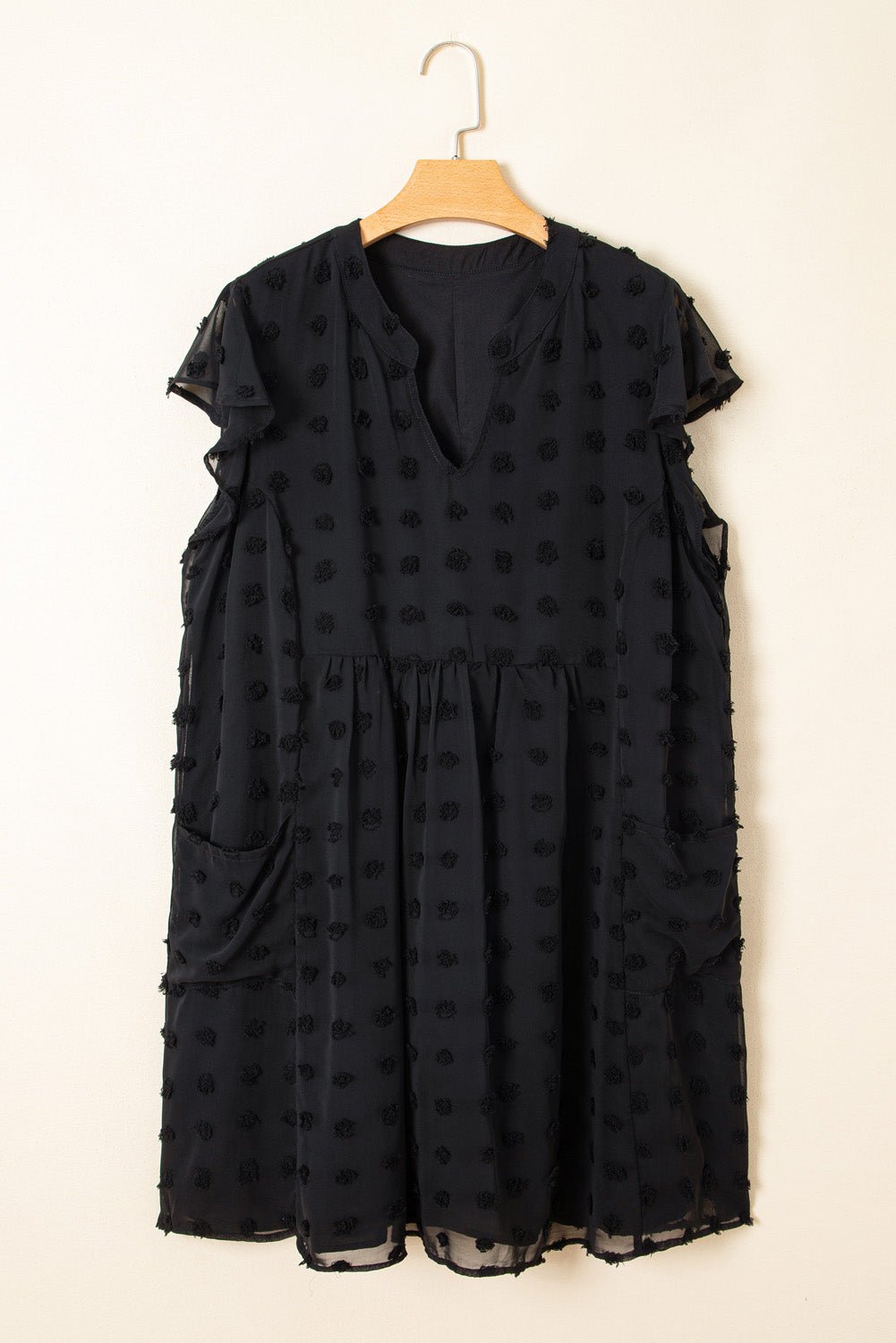 Plus Size Dotty Textured Notched Neck Ruffled Dress - Plus Size Clothing