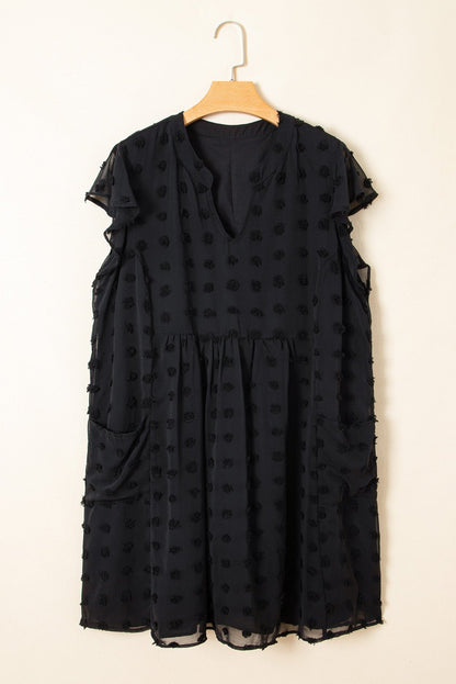 Plus Size Dotty Textured Notched Neck Ruffled Dress - Plus Size Clothing