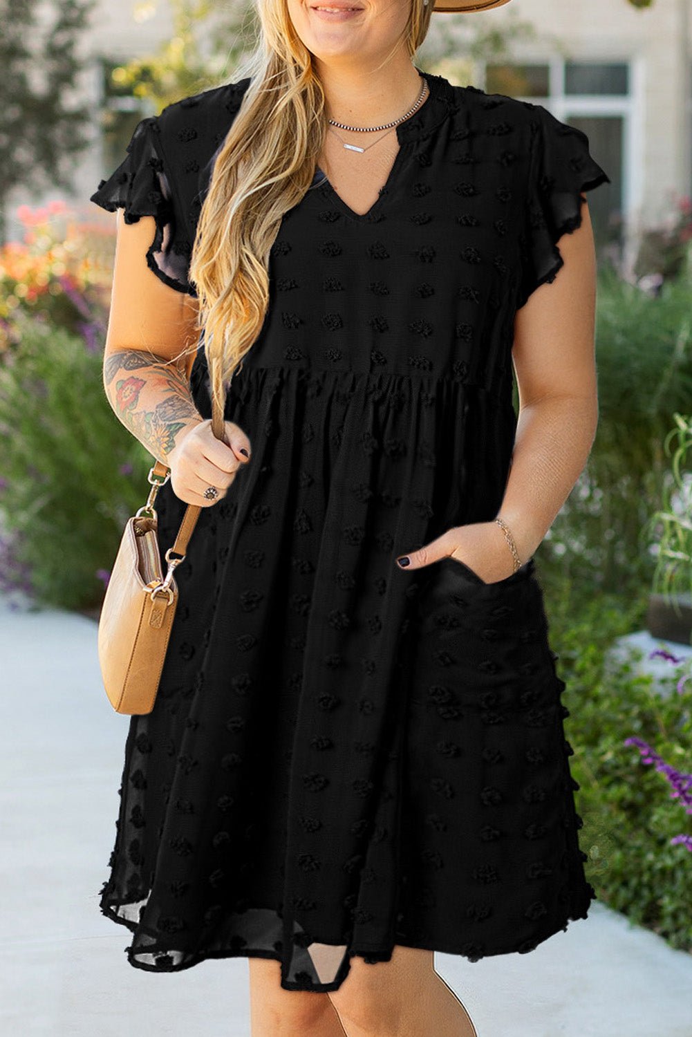 Plus Size Dotty Textured Notched Neck Ruffled Dress - Plus Size Clothing