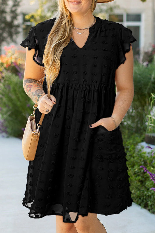 Plus Size Dotty Textured Notched Neck Ruffled Dress - Plus Size Clothing